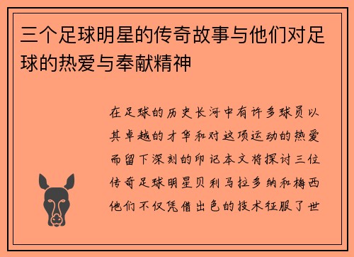 三个足球明星的传奇故事与他们对足球的热爱与奉献精神